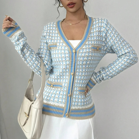 Sweaters - Women's Contrast Color Casual Long Sleeve Cardigan